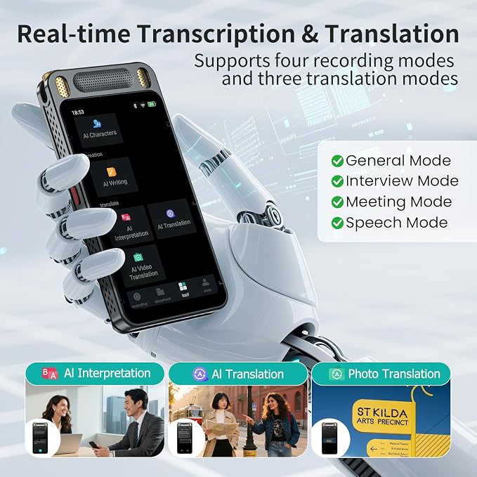 AI Voice Recorder with Playback, 5'' Large Touch Screen Digital Recorder, 13 Languages Transcription, 8 Mics Noise Reduction, 2600mAh Battery, AI Summary & Translation for Meetings, Lectures