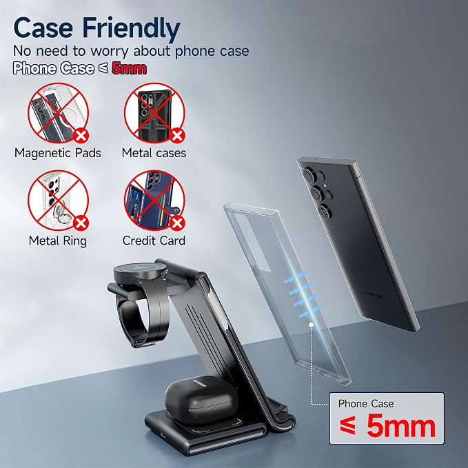 Wireless Charging Station for Samsung,MANKIW Foldable 3 in 1 Fast Charger Station for Galaxy S24 S23 S22 S20 Ultra Z Flip Fold 5/4/3Galaxy Watch 6/5/4/3Buds