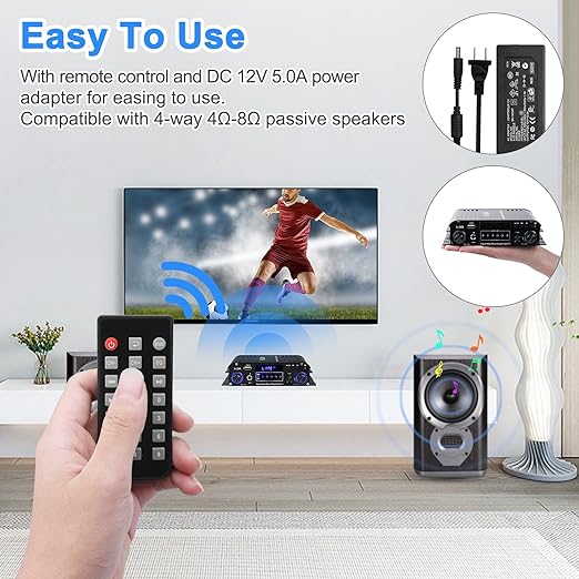 Stereo Audio Amplifier for Home Speakers S-288 Bluetooth 5.0 HiFi Mini Audio Component Amplifiers Receiver 4.0CH RMS 40Wx4 Max. 600W Integrated Power Amp W/USB,FM,Adapter