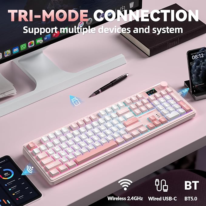 LINGBAO K108 Pro Wireless Mechanical Keyboard with Screen & Knob, Full Size Creamy Keyboard with Number Pad, 10000mAh Battery, PBT Keycaps, RGB Backlit, Hot-swappable Pink Gaming Keyboard for PC/Mac