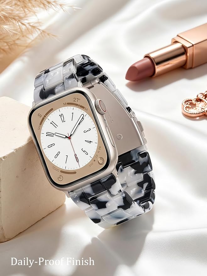 V-MORO Resin Bands Compatible with Apple Watch Series 11/10/9/8/7 Band 45mm 46mm Starlight Buckle Lightweight Fashion Strap Bracelet for iwatch Series SE/6/5/4/3/2/1(Black/White,42/44/45/46/49mm)