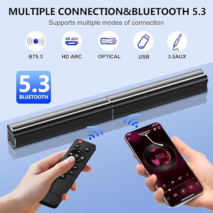 Sound Bar, 80W SoundBar for Smart TV, 2026 Bluetooth 5.3 Soundbar, Home Theater Surround Sound, 2 in 1 Detachable Home Speaker Bass, ARC/Optical/AUX/Connections, for TV/PC/Projectors