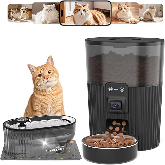 PAPIFEED Automatic Cat Feeder and Water Fountain Stainless Steel, WiFi Timed Auto Cat Feeder with Camera & App, Cat Food & Water Dispenser, Quiet Pet Drinking Fountain with LED, Smart Dog Feeder Set ﻿