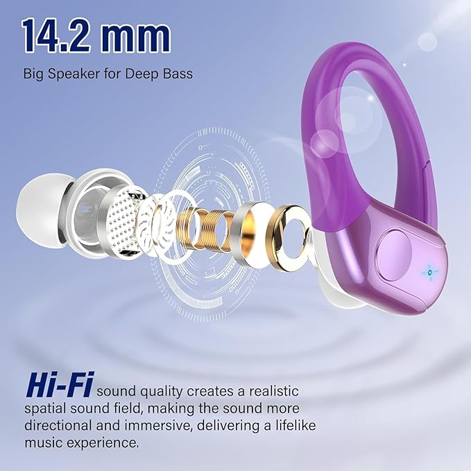 Qecnato Wireless Earbuds Bluetooth 5.4 Headphones 75H Stereo Deep Bass Sports Over Ear Buds with Earhooks, LED Display Bluetooth Earbuds with 4 ENC Mic, IP7 Waterproof Earphone for Running,Dark Purple