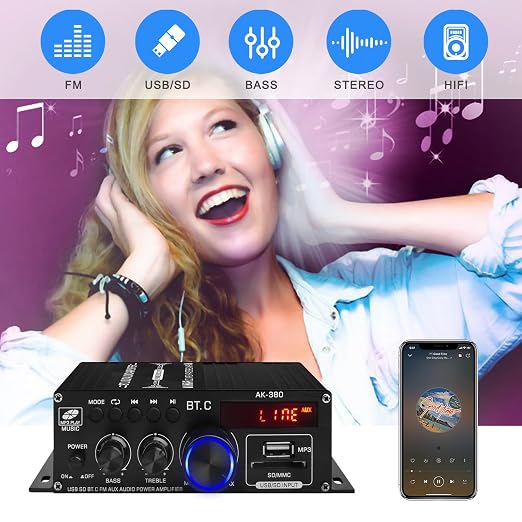 AK-380 USB SD BT.C FM AUX Audio Power Amplifier 2.0 CH 40W+40W HiFi Stereo AMP Speaker Bluetooth 5.0 Amp Receiver with 12V 5A Power Supply,FM Antenna for Car Home Bar Party