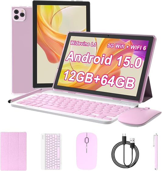 DIGITHINK Tablet Andriod 15 10 Inch 12 (3+9) GB RAM 64GB ROM 2TB Expand,1280 x 800 IPS Screen 5G WiFi 6 BT5.0 Dual Camera,2 in 1 Tablets with Keyboard Case Mouse Stylus 6000mAh Battery (Pink)