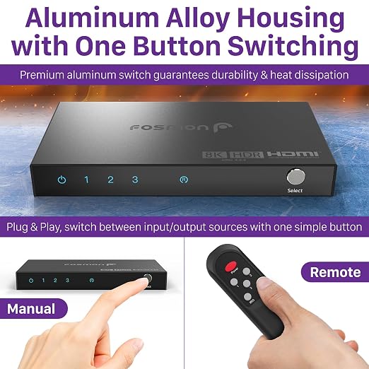 Fosmon 3-Port HDMI 8K Switch with Remote, Support 8K@60Hz 4K@120Hz HDR10+ HDCP 2.3 High Speed 48Gbps 3 in 1 Out Auto-Switching 3x1 HDMI 2.1 Switcher Splitter Hub Compatible with PS5, Xbox X, Apple TV