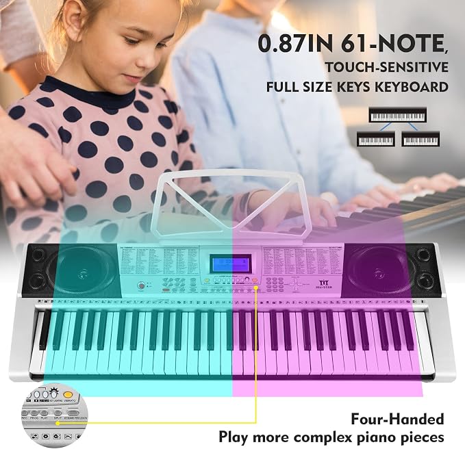 MUSTAR 61 Key Piano Keyboard, MEKS-400 Electric Piano Keyboard with Lighted Up Keys, Learning Keyboards Piano for Beginners, Piano Stand, LCD Screen, Headphones, Microphone