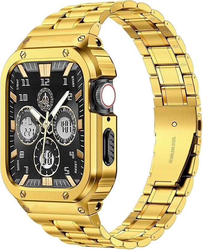 MioHHR Stainless Steel Watch Band with Case Compatible with Apple Watch Series 11/10 42mm,Rugged Strap with Metal Protective Bumper Cover for iWatch Band Men(Gold)