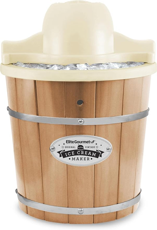 Elite Gourmet EIM924LX 4Qt Old Fashioned Vintage Appalachian Wood Bucket Electric Ice Cream Maker Machine with Leak-Proof Liner, Uses Ice and Rock Salt Churns Ice Cream in Minutes, Cream