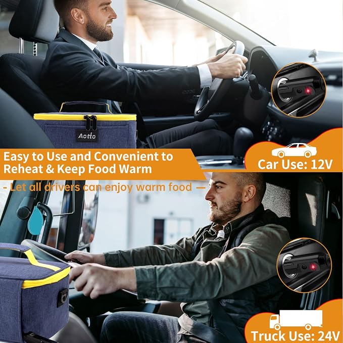 Aotto Heated Lunch Box Food Warmer - 12V/24V 2-in-1 Car Food Warmer with Vehicle Plug - Mini Portable Electric Lunch Box Heater for Men and Women - Reheat & Keep Meals Warm On the Go - Navy Blue