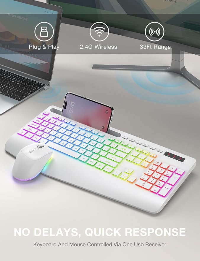 SABLUTE Wireless Keyboard and Mouse Combo, 9 Backlit Effects, Wrist Rest, Phone Holder, 2.4G Lag-Free Ergonomic Keyboards, KM22 MAX Rechargeable Silent Set for Computer, Laptop, Mac, Windows（White）