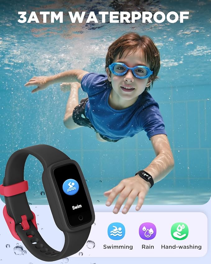 BIGGERFIVE Vigor 3 Kids Fitness Tracker Watch, AMOLED Screen, No App No Phone Needed, 3ATM Waterproof, Heart Rate and Sleep Monitor, Pedometer Watch, Sports Step Counter for Boys Girls Ages 5-15,Black