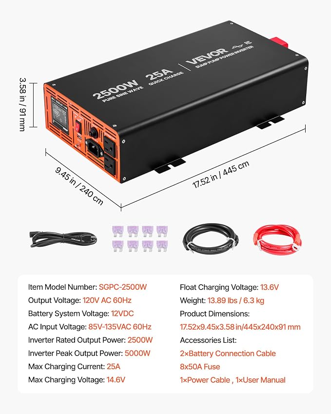 VEVOR 2500W Sump Pump Battery Backup System, LCD Display, Auto Switches to Battery Inverter Power for Sump Pump, Pure Sine Wave, for Basement Protection Emergency and Power Outage, Battery Not Include