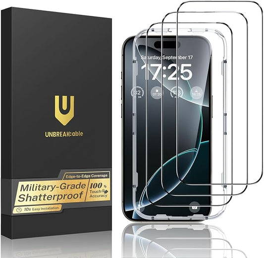 UNBREAKcable for iPhone 16 Pro Max Screen Protector, 3-Pack Full Coverage Tempered Glass [Military Grade Shatterproof][9H Hardness][Easy Installation Frame][Bubble Free] for iPhone 16 Pro Max 6.9"