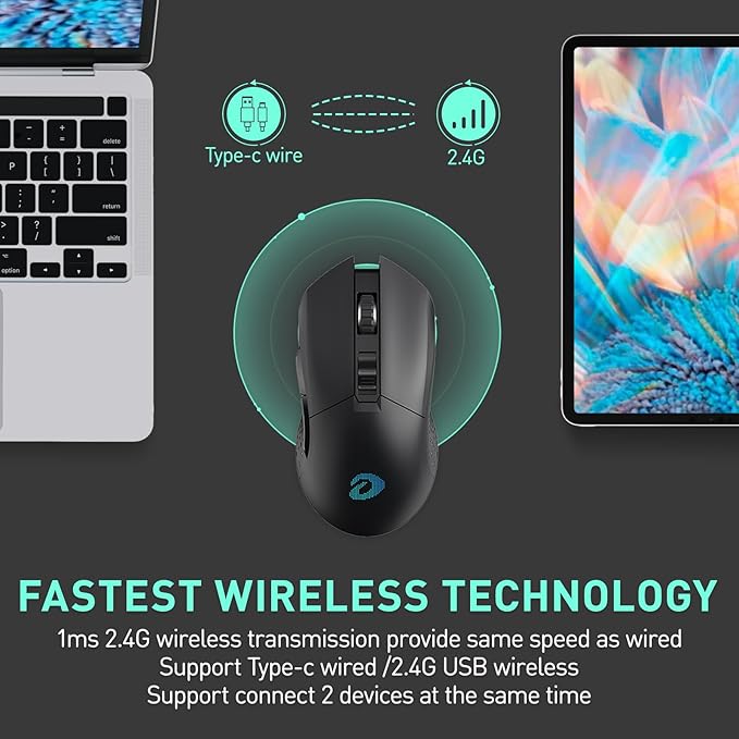 DAREU EM901X Wireless Gaming Mouse with Charging Dock Rechargeable RGB,12K DPI,6 Programmable Buttons High-Precision Sensor [300IPS] [1000Hz] for PC Notebook Mac