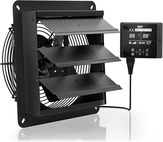 10 Inch Shutter Exhaust Fan, 576 CFM Wall Mounted Attic Fan with Temperature Humidity Controller, Automatic Shutter, Ventilation and Cooling for Greenhouse, Garage, Studios, Workshops
