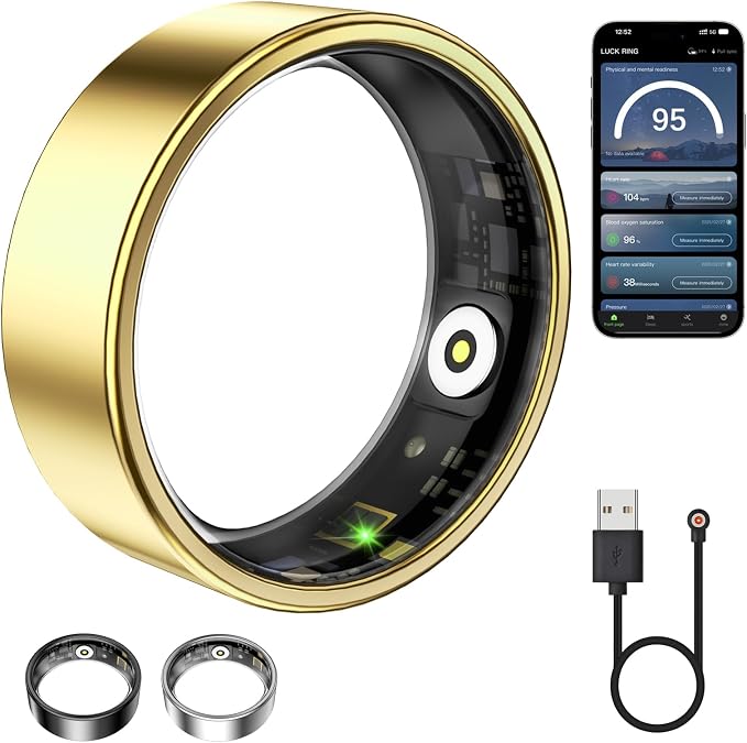Smart Ring for Women & Men, Fitness Tracker with Heart Rate, Blood Oxygen, Sleep Monitoring, Long-Lasting Battery, IP68 Waterproof Health Ring (Gold, 12#)