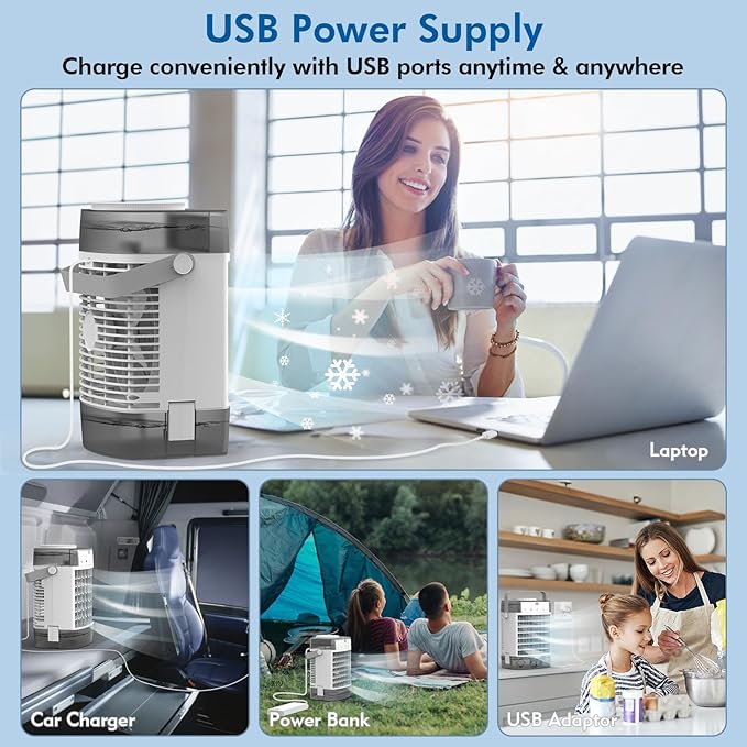Portable Air Conditioner, Personal Evaporative Air Cooler with Dual Tank, 2 Mist Modes, 3 Wind Speed, USB Powered Desk Cooling Fan with 7-Color Mood Lighting for Office/Bedroom