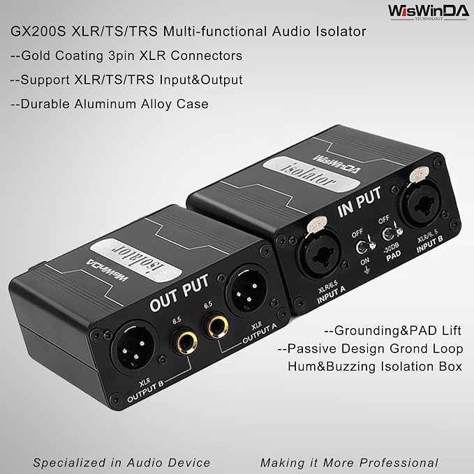 Pro GX200S 2Channels XLR/TS/TRS Passive Hum Eliminator Direct Box for Audio Equipments Ground Loop Isolator Noise Filter for Different Audio Systems Using Situations