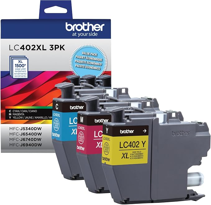 Brother Genuine LC402XL 3PK 3 Pack of High Yield Cyan, Magenta and Yellow Ink Cartridges, Black