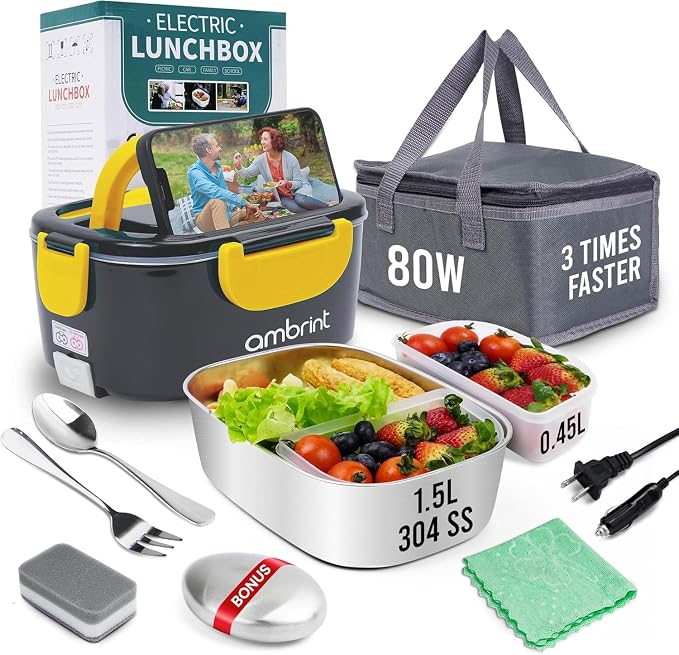 80W Electric Lunch Box for Adults - Heated Lunch Box & Portable Food Warmer with 1.5L Stainless Steel Container | 12V/24V/110-220V Lonchera Eléctrica Portátil for Car, Truck & Office - Grey