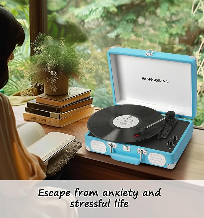 Record Player 3 Speed Bluetooth Portable Suitcase, Vinyl Phonograph with Built-in Bass & Speakers, Belt-Driven LP Player Support AUX-in RCA Line Out Headphone Jack, Blue