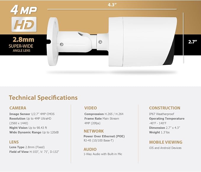 Marquis 4MP PoE IP Bullet Camera with Audio, IP Security Camera Outdoor Rated, Waterproof IP66, 108° Wide Angle 2.8mm Lens (Color Night) NDAA Compliant