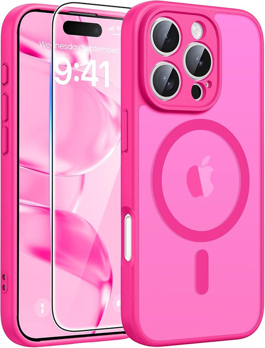 FNTCASE for iPhone 16 Pro Case: [Compatible with Magsafe] Translucent Matte Magnetic Phone Cover - Military Grade Drop Protection Shockproof Protective Cases - Hot Pink