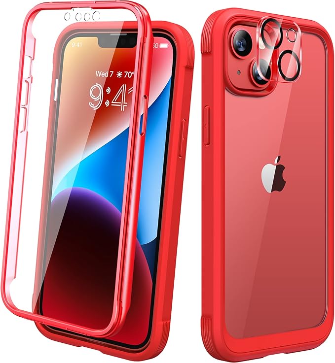 Diaclara Designed for iPhone 14 Plus Case, Full Body Rugged Case with Built-in Touch Sensitive Anti-Scratch Screen Protector, with Camera Lens Protector (Red and Clear)
