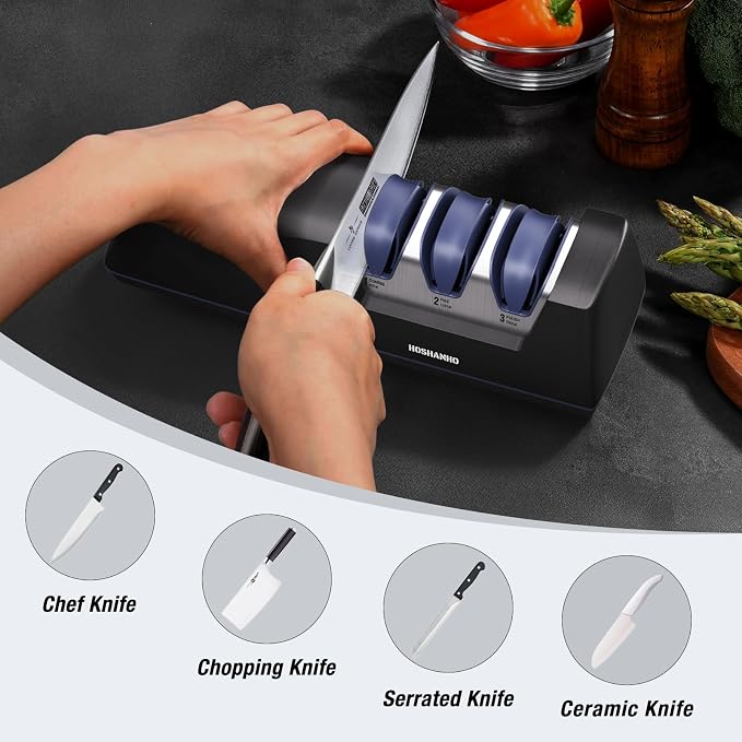 HOSHANHO Electric Knife Sharpener, Professional 3-Stage Diamond Knife Sharpener Electric, Replaceable Grinding Wheels & 20° Precision Guide for Kitchen Knives, Quick Sharpening to Restore & Polish