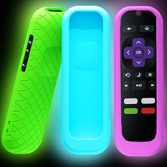 3 Pack Remote Cover for Roku TV Remote Control, Battery Cover for TCL Hisense Roku TV Steaming Stick 4k 4K+ Roku Voice Remote, Universal Silicone Sleeve Case with Glow in The Dark (Blue/Green/Purple)