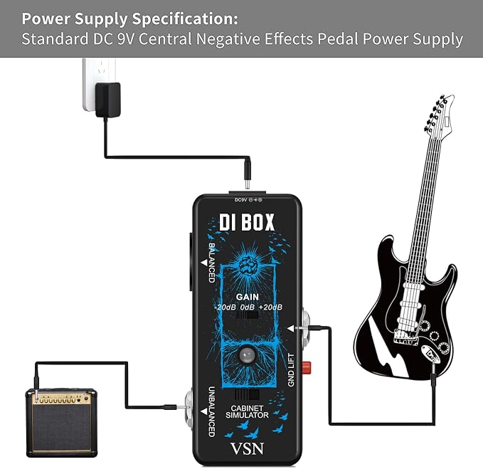 VSN High Performance Passive DI Box Unit Hum Eliminator 1/4 instrument Direct Box to Balanced and Unbalanced XLR Mini Size Ture Bypass