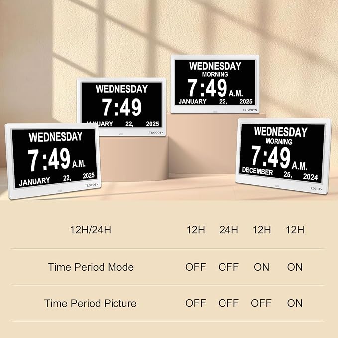 TROCOTN Dementia Clocks, Large Display Calendar Alarm Clock with Auto DST for Seniors, 5 Display Modes Large Font Digital Clock with Custom Alarms Day Date Clocks.(10 Inch White)