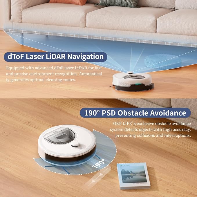 OKP Life Robot Vacuum L6 Aqua,LiDAR Navigation, 3.7 inch Super Thin, 6000Pa Powerful Suction,150 Mins,Quiet, Self-Charging Robotic Vacuum Cleaner, 2.4G&5G WiFi,Cleans Hard Floors to Carpets, White