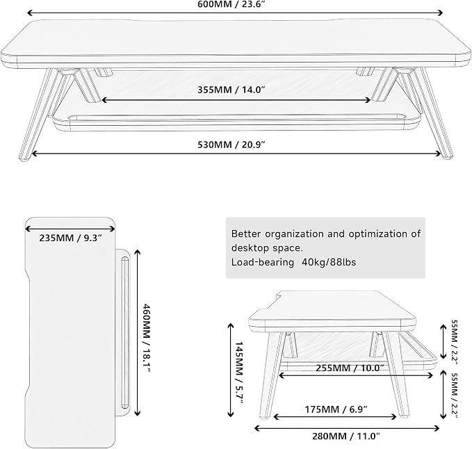 Fenge Monitor Stand, Monitor Stands Riser for Desk, 23.6 Inch Wood Desk Shelf with Storage Organizer and Cable Management for Office Desk Accessories