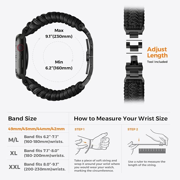 Tefeca Titan Series Paracord Band Compatible with Apple Watch Ultra 2/49mm, Series 10/46mm, 9/8/7/45mm, SE2/SE/6/5/4/44mm, and 3/2/1/42mm
