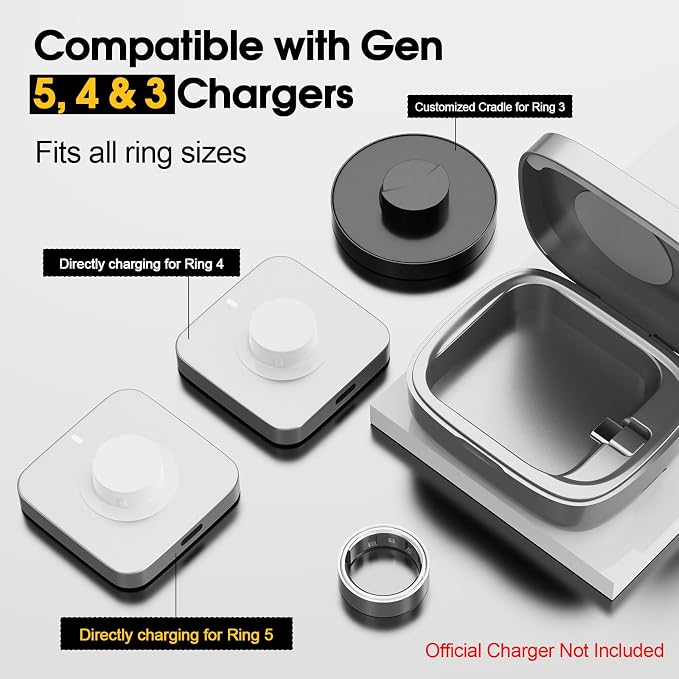 Wireless Charging Case for Oura Ring Gen 5, 4 & 3 Charger, 1000mAh Portable Travel Power Station Fits All-Sized Oura Ring 5, 4 & 3, 30-Day Runtime (Official Charger NOT Included)(Silver)