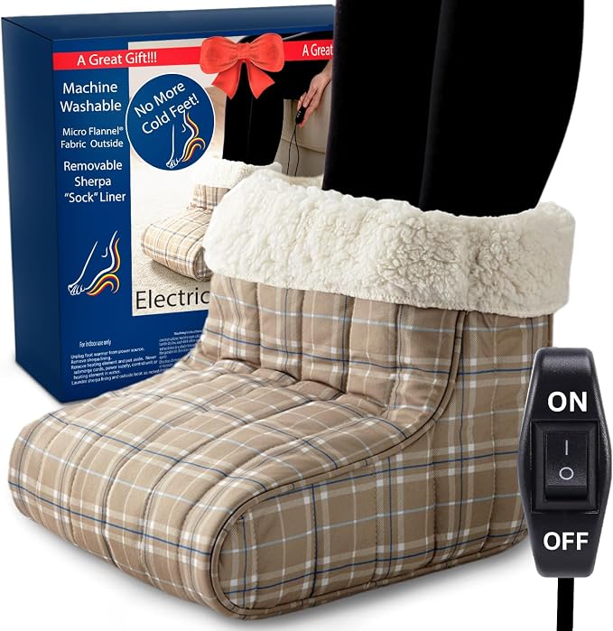 Thermee Micro Flannel Heated Foot Warmer, Sherpa Fleece, 2-Hour Safety Shut-Off, Electric Foot Heater for Women & Men, Foot Warmers for Feet, Heated Slippers, Under Desk Foot Warmer-Fashion Plaid Bark