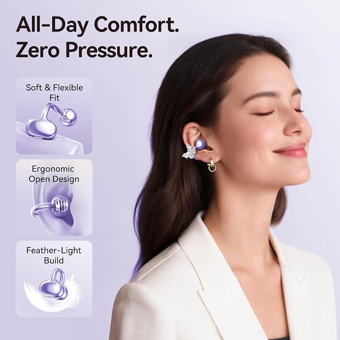 Kinglucky Gen2 Clip-On Earbuds with Butterfly Earrings, Charge & Store Without Removing Earrings, Comfortable Fit & 40H Playtime Bluetooth Open Ear Headphones for Women, Small Ears, Gifts (Purple)