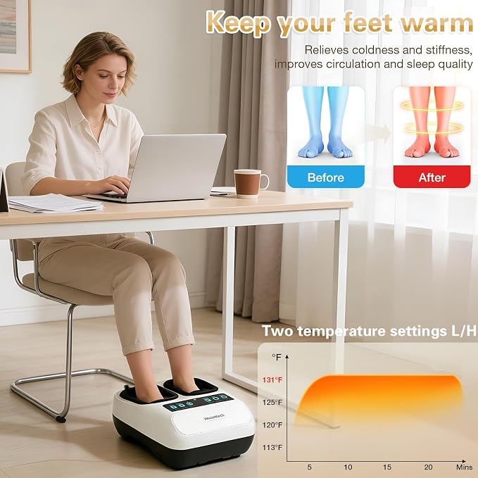 veicomtech Foot Massager with Heat, Electric Foot Massager Machine for Plantar Fasciitis Neuropathy with Remote Control, Adjustable Vibration and Compression(White)