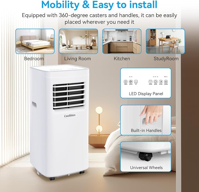 Coolblus 10000 BTU Portable Air Conditioners Cool Up to 450 Sq.Ft, 3-IN-1 Portable AC Unit with Remote Control/LED Display/Installation Kits & Screwdriver/24Hrs Timer for Home/Office, White-10000BTU