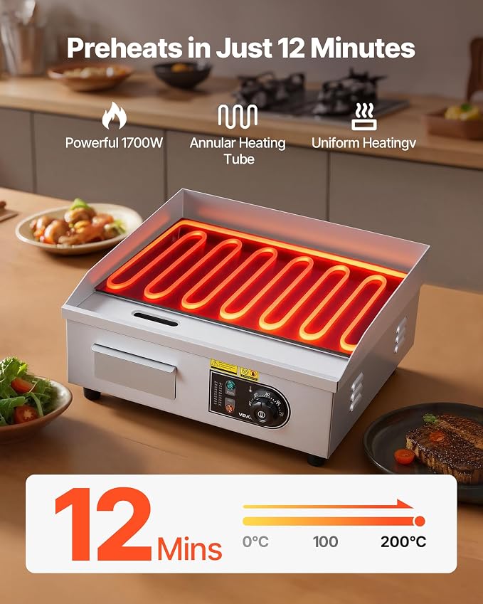 VEVOR Commercial Electric Griddle, 17.72 x 11.81 inch, 1750W, 122-570°F Adjustable Temp Control, Stainless Steel Countertop Flat Top Grill with 2 Spatulas, 2 Brushes, and 4 Foot Pads, for Steak