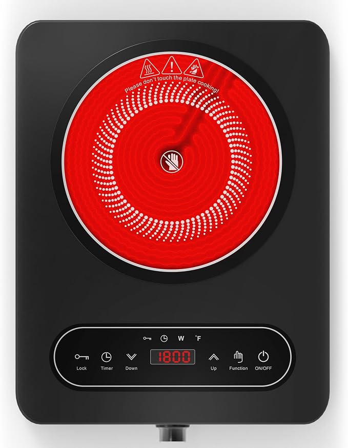 VBGK Single Burner Electric Cooktop, 110V 1800W Electric Cooktop with LED Touch Controls and Knob Controls, 10 Power Levels, 4-Hour Timer, Safety Lock, Single Burner Overheat Protection