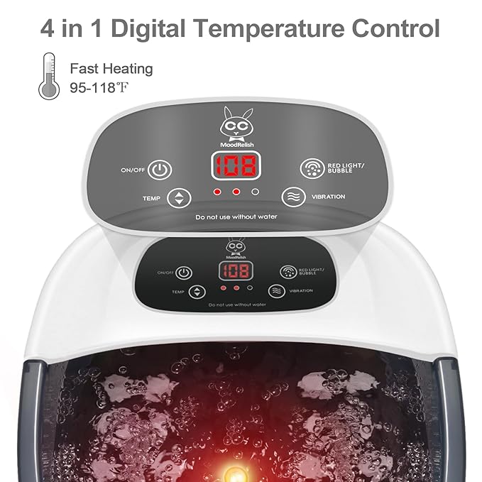 MoodRelish Foot Spa Bath Massager with Heat Bubbles and Vibration Massage and Jets, 16 OZ Calming Lavender Foot Soak Epsom Salt, Foot Soaker with Red Light, 22 Massage Rollers, Adjustable Temp - Grey