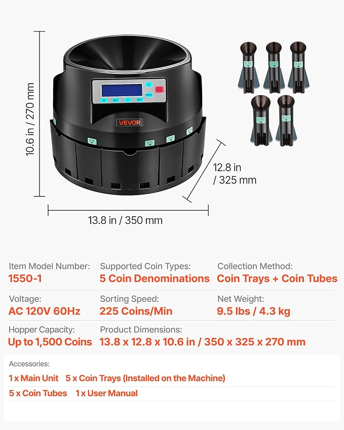 VEVOR Coin Counter Machine, 5 Denominations, Accurate Coin Sorter Machine, Sorts Up to 225 Coins Per Minute, USD Change Counter with LCD Display, Smooth Operation, Batch Feature, Holds 1500 Coins