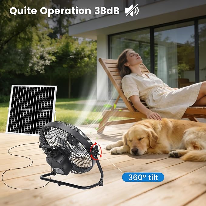 12'' Solar Powered Fan with 35W Solar Panel, Rechargeable Battery Operated Floor Fan with 23FT Cable, Cordless Portable Outdoor Fans for Home, Camping, Chicken Coop, Greenhouse, Power Outages