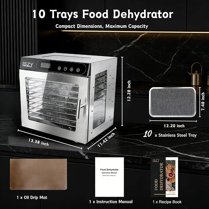 Food Dehydrator Machine, 10 Stainless Steel Trays Dehydrator for Jerky, Poweful 800w Food Dehydrators for Beef Jerky,Meat,Fruits,Herbs,Mushroom, 24H Timer 176°F Temperature Control Food (10 Trays)