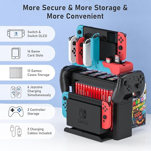 Switch Game Storage with Controller Charger for Nintendo Switch & OLED Model, Switch Charging Dock Charges 6 Joycons, Switch Gaming Accessories Holder Desk, Switch Game Gift Card Organizer (Red＆Blue)