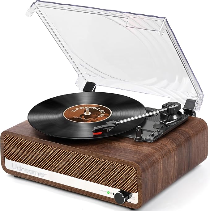 Vinyl Record Player with Speakers,3 Speed Turntable with Bluetooth, Aux, Headphone Jack, RCA Output and Auto Stop,Mirror Vintage Wooden Walnut